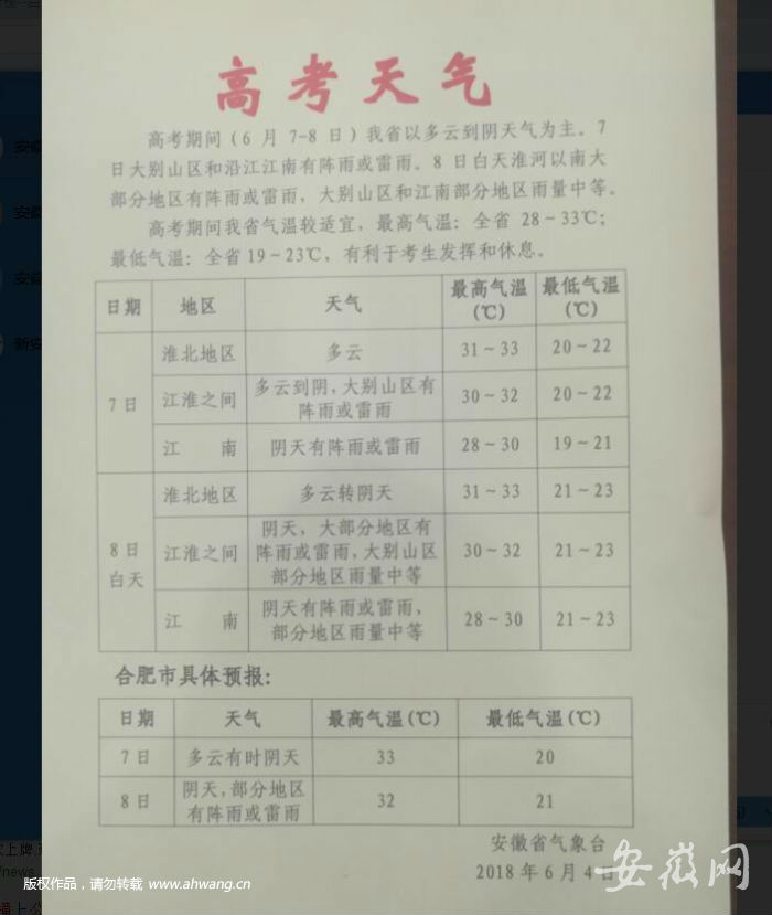 安徽高考期間氣溫較適宜 有利于考生發(fā)揮和休息