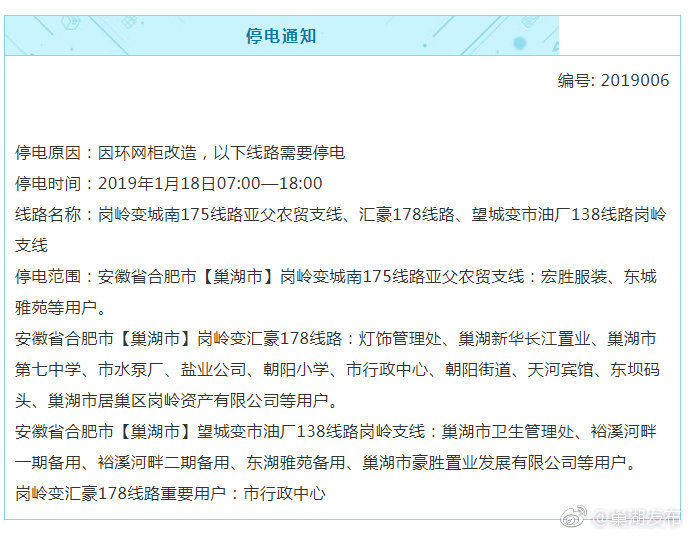 停电通知 近期巢湖这些地方要停电