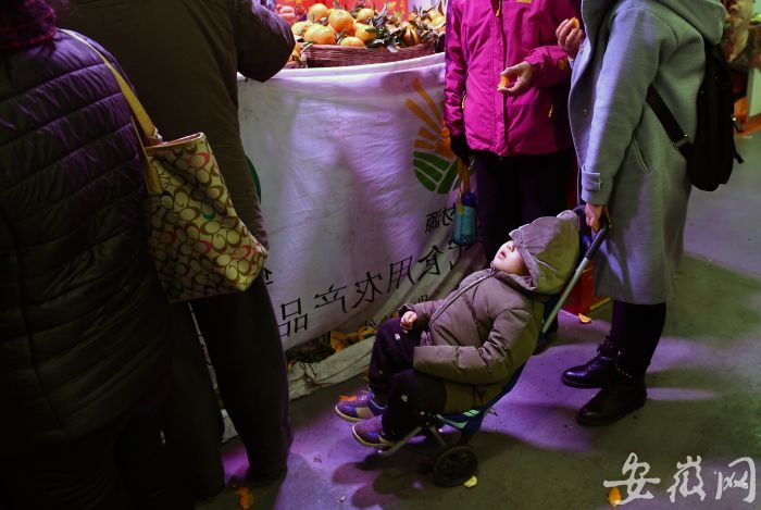 一个逛街的孩子在小推车上睡着了