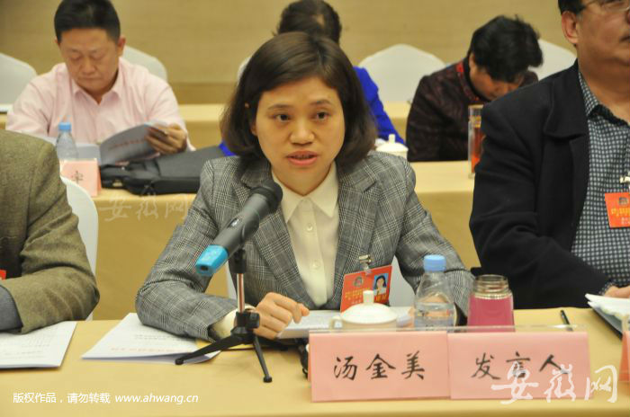 湯金美委員在聯組會議上發言。