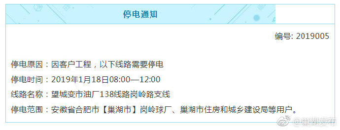停电通知 近期巢湖这些地方要停电