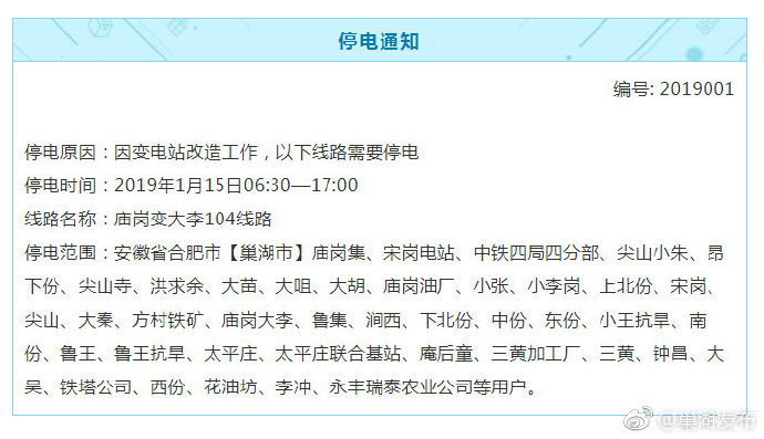 停电通知 近期巢湖这些地方要停电