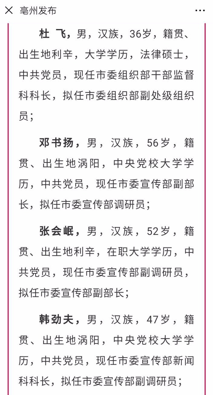 亳州拟任13名处级干部