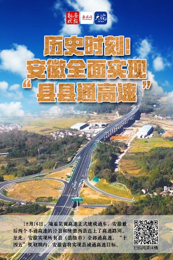 12月16日,随着芜黄高速正式建成通车,安徽最后两个不通高速的泾县和