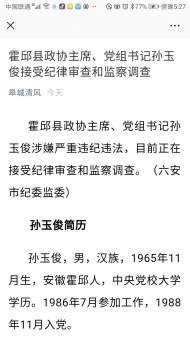 霍邱縣政協主席、黨組書記孫玉俊接受紀律審查和監察調查  