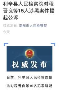 利辛縣檢察院對(duì)程晉良等15人涉黑案件提起公訴