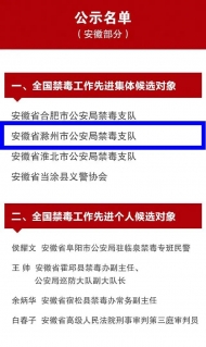 滁州1個(gè)集體被列入全國禁毒工作先進(jìn)集體候選對象
