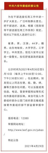 六安市委組織部對擬任人選進行公示