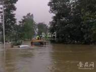 前去救被困轎車   卡車自身也被困在洪水中
