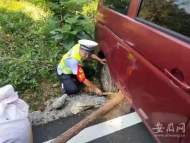 著急！金寨一輛面包車后輪卡在路邊溝槽中