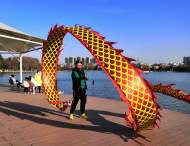 春節(jié)假期 淮南市民在公園自?shī)首詷?lè)（圖）