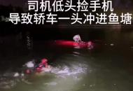 司機低頭撿手機 導致轎車一頭沖進魚塘
