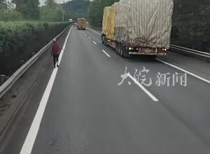 一老人在高速快车道缓慢步行  急得货车司机大吼“走里面去”
